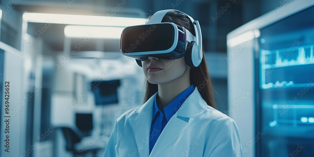 Aufkleber female worker with vr headset and phone operating high tech medical machine with fpv display science