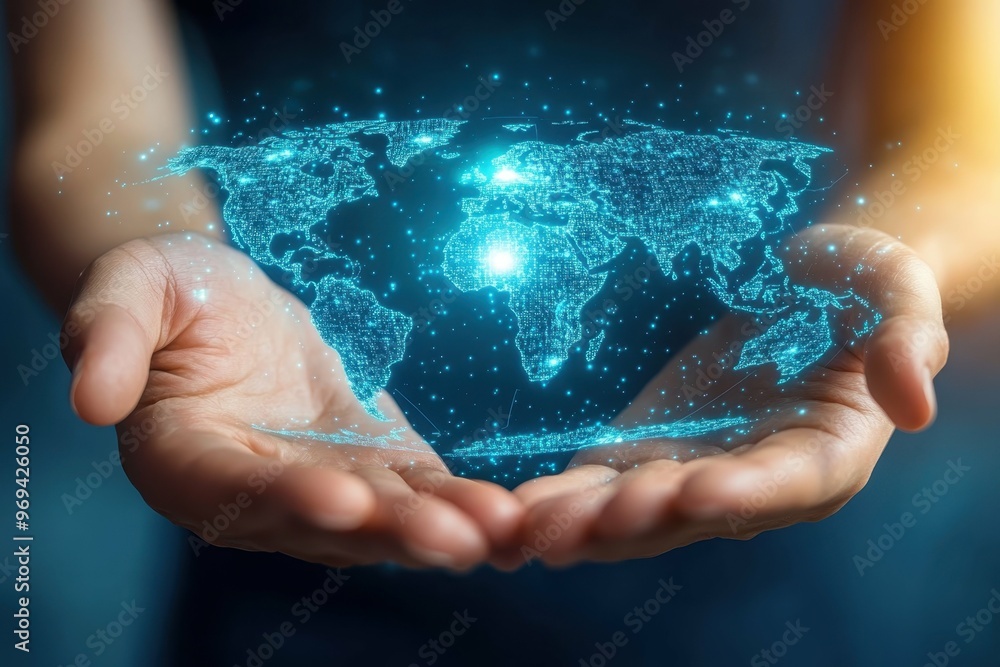 Poster hand holding hologram of global trafficking network map representing the vastness of the issue.