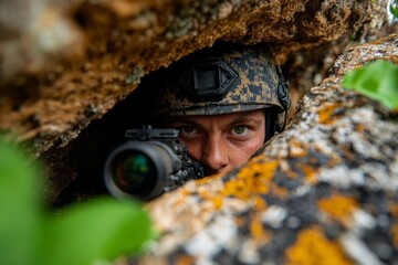 Fototapeta premium A sniper hiding in the cracks of a cliff, their gear camouflaged to match the stone, using minimal movement to stay hidden