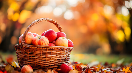 Vibrant Photo of a Basket Full of Freshly Picked Apples in an Autumn Orchard