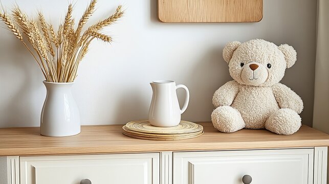 A beautiful bamboo plate rests on a minimalistic table complemented by a decorative jug and vases filled with wheat ears, enhancing the warm, inviting atmosphere - Powered by Adobe