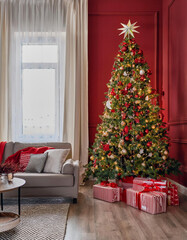 Christmas-tree decoration, gifts and ornament in a living room with modern furniture, red sofa, wooden floor and cozy atmosphere