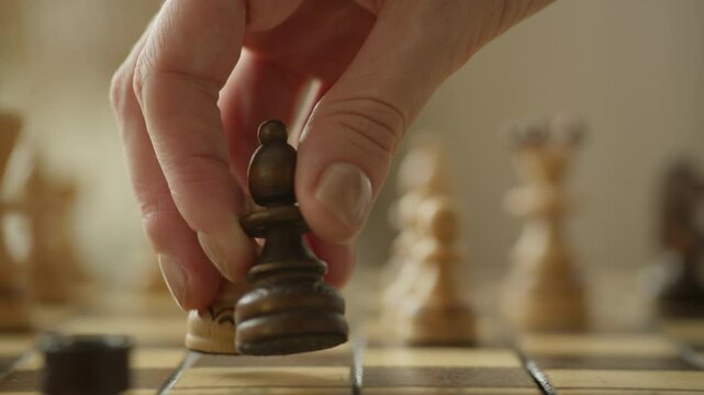 Hand moving a chess piece during a game on a wooden chessboard