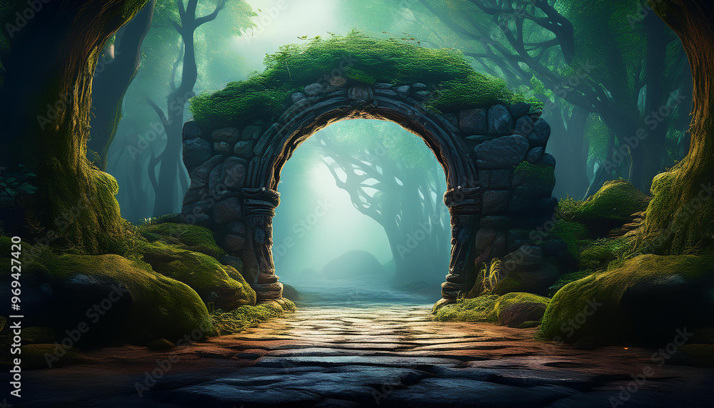 Wall mural Abstract stone arch, portal to mystic forest. Spiritual energy and salvation. Mystical atmosphere