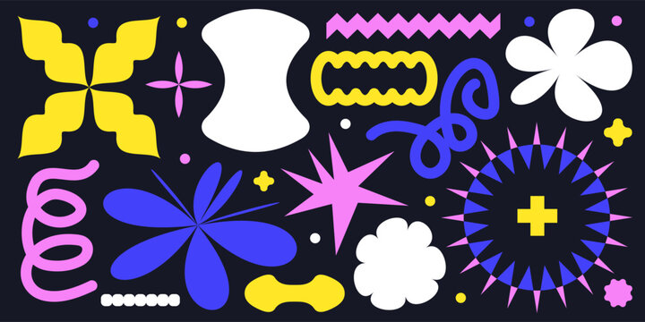 Naive playful abstract neo brutalist shapes sticker pack. Groovy flowers, stars, zigzag in trendy retro y2k cartoon style. Vector illustration with biomorphic geometric elements. Brutalism aesthetic.