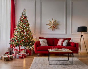 Christmas-tree decoration, gifts and ornament in a living room with modern furniture, red sofa, wooden floor and cozy atmosphere