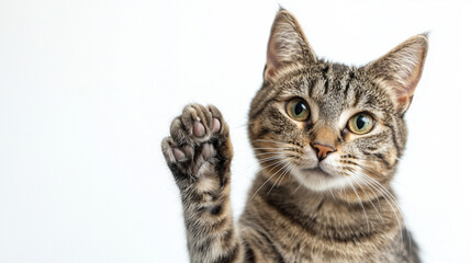 Playful tabby cat raising paw on white background