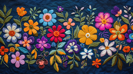 Colorful traditional Andean floral embroidery background, peruvian art style. Hand embroidered fabric with vibrant flowers and patterns on dark blue canvas
