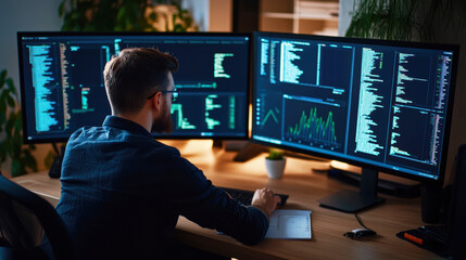 Modern workspace with professionals analyzing cybersecurity threat data on multiple screens, with graphs and alerts