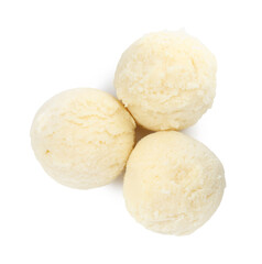 Scoops of melon sorbet isolated on white, top view