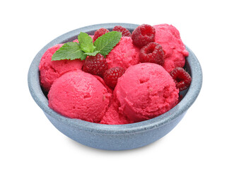 Delicious raspberry sorbet, fresh berries and mint in bowl isolated on white
