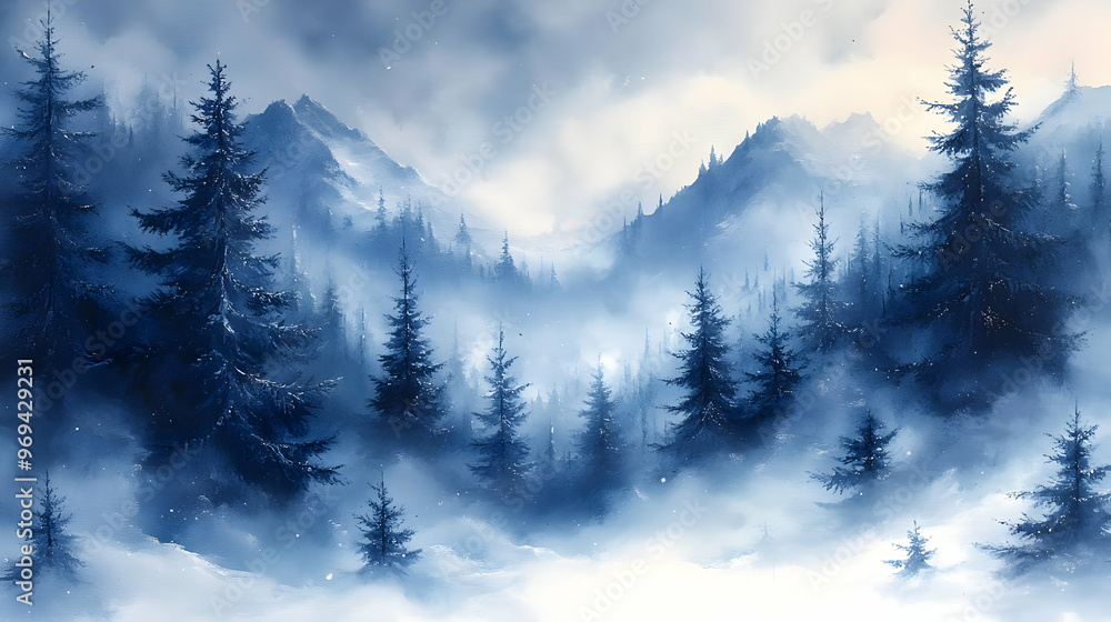 Canvas Prints A serene winter landscape with mountains and evergreen trees shrouded in mist.