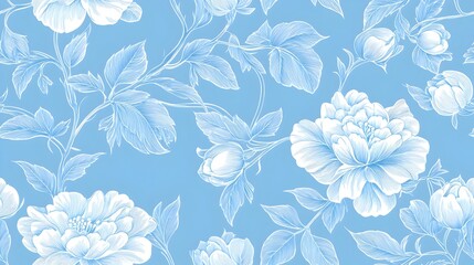 Elegant Blue and White Floral Pattern with Blooming Flowers and Lush Foliage