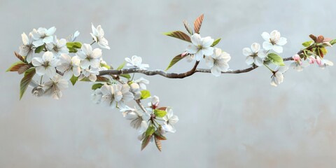 Fototapeta premium White Blossoming Flower Branch with Green Leaves - Elegant Floral Design for Nature and Botanical Themes