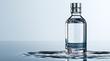 Obraz premium A glass bottle of water shimmers with ripples and reflections, capturing the light.
