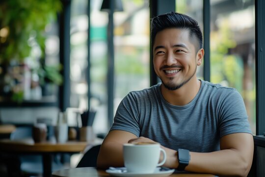 A man is sitting at a table with a cup of coffee in front of him. He is smiling and he is enjoying his time