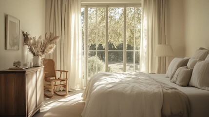 A bedroom with a white bed and a wooden nightstand. The bed is covered with a brown blanket and pillows. There is a vase on the nightstand and a potted plant in the corner. The room has a warm.