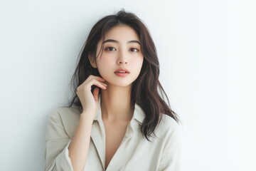 A stylish Asian woman in casual clothing, posing confidently against a white background.