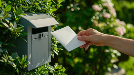 A person is putting a white envelope into a mailbox