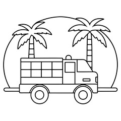 fire truck with palm tree outline coloring book page line art drawing