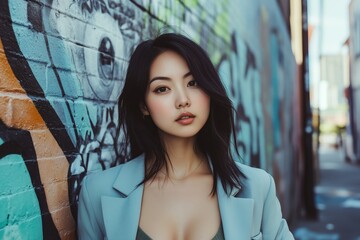 Fototapeta premium Posing in a sophisticated metropolitan environment featuring a cityscape and graffiti art is an elegant Asian woman.