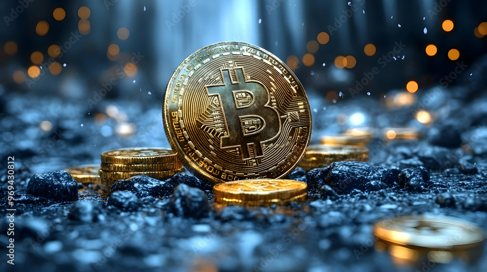 Poster a shiny bitcoin coin surrounded by smaller coins on a textured surface with a blurred background.