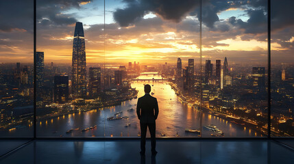 A silhouette of a man gazing at a city skyline during sunset.