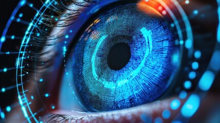 Vibrant blue eye with intricate digital circuitry overlay.