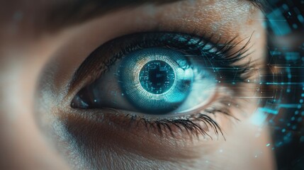 Close-up of a digital eye with blue tech elements
