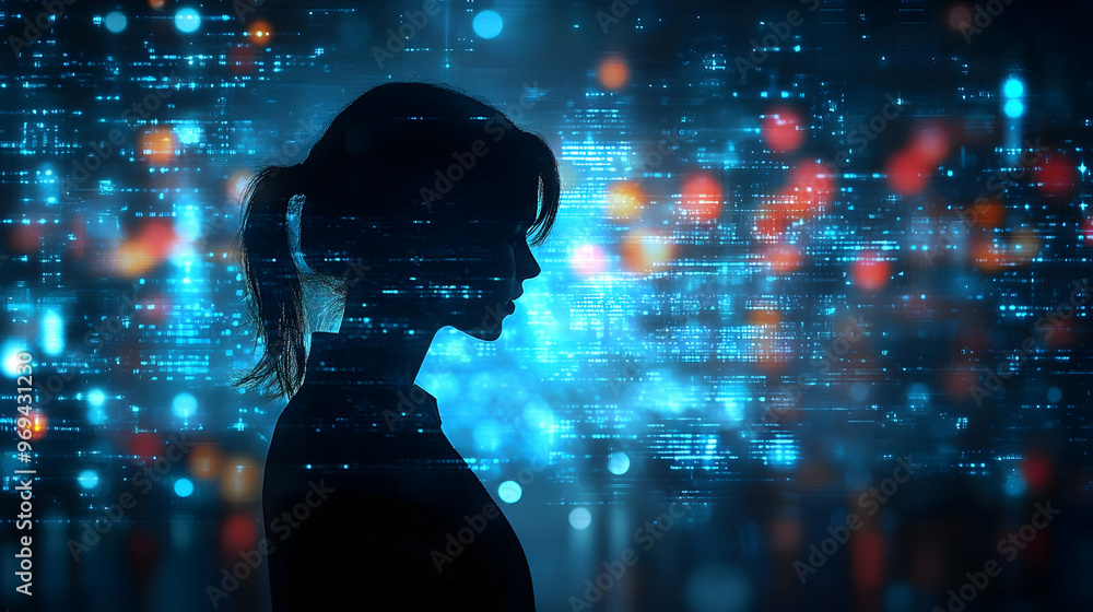 Poster a silhouette of a person against a digital background with abstract data patterns.
