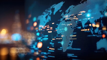 Detailed digital map of the world showcasing data connections and technology for global insights in a modern setting.