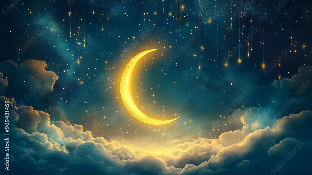 Canvas Prints Golden Crescent Moon in a Starry Night Sky