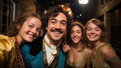 Obraz premium Cheerful group of 1970s styled friends smiling and embracing at a lively party or event.