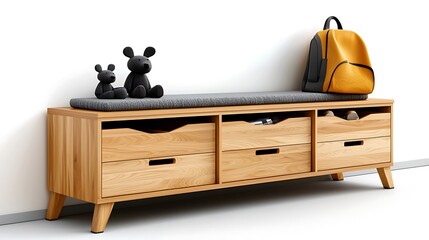 A wooden shoe cabinet, topped with a cushioned seat, blends storage and comfort seamlessly.