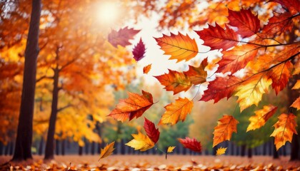 Fototapeta premium a dynamic scene of autumn leaves gracefully falling through the air.. autumn leaves background. autumn leaves in the forest
