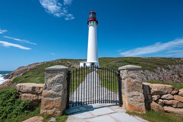 Obraz premium An iron gate leading to a lighthouse, standing tall at the edge of a cliff, with the sound of waves crashing below
