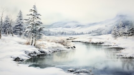 Obraz premium Watercolored artwork of a winter landscape Norway-style