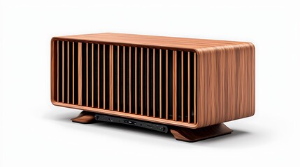 A modern wooden speaker with grilles rests boldly on a white background.