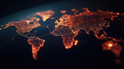 A detailed view of the world map illuminated with glowing lines, showcasing global connectivity and technological advancement.