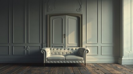 Living room with a closed door and a sofa on a wooden floor