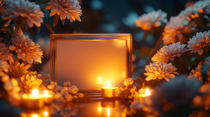 Golden Frame With Candles And Flowers For A Memorial.  Perfect For Sympathy Card Or Funeral Announcement.