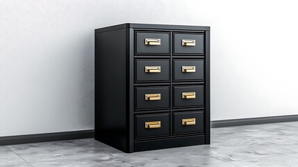 A black filing cabinet with gold handles stands sharply against a white wall and gray floor.