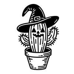 funny Halloween cactus wearing a witch hat sketch