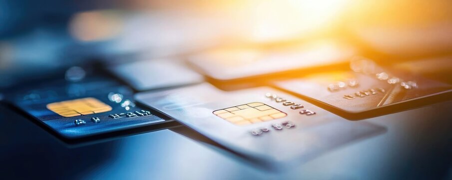 Close-up of several credit cards with soft lighting, symbolizing modern payment methods and financial transactions.