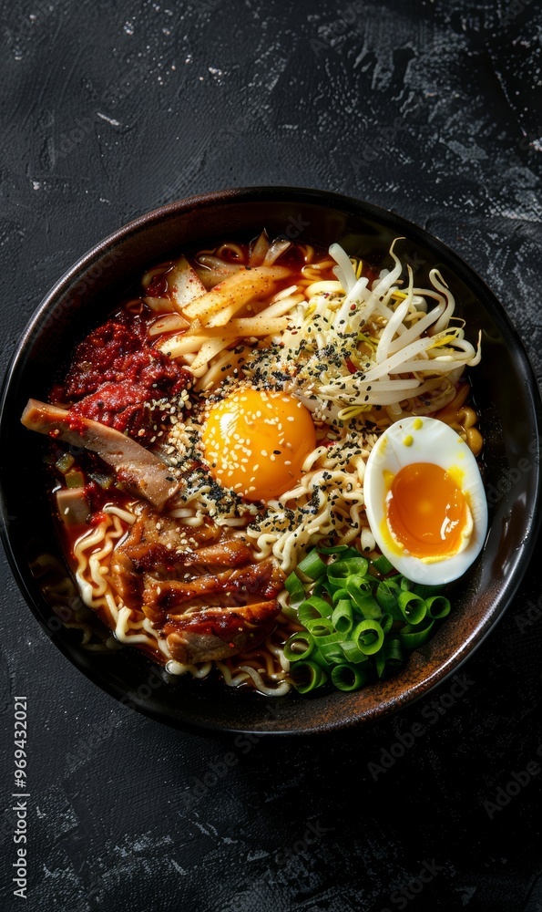 Canvas Prints A bowl of ramen with an egg, meat and vegetables on the side, against a dark background, a realistic photo, high resolution, professional photograph, sharp focus, highly detailed photography, hyperrea