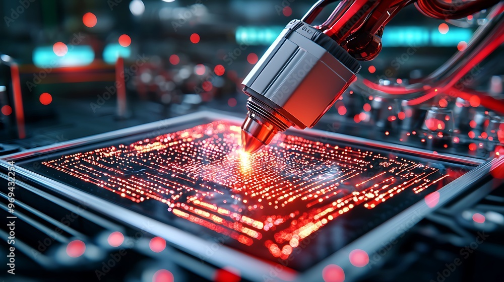 Poster a futuristic robotic arm assembles circuit boards with precision, advancing technology.