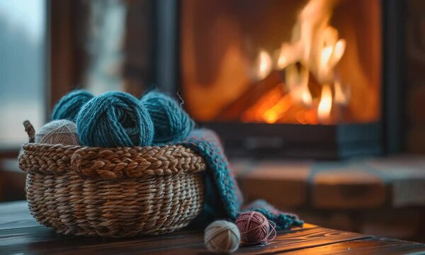 Cozy afternoon knitting by the warm fireplace with colorful yarns in a rustic setting