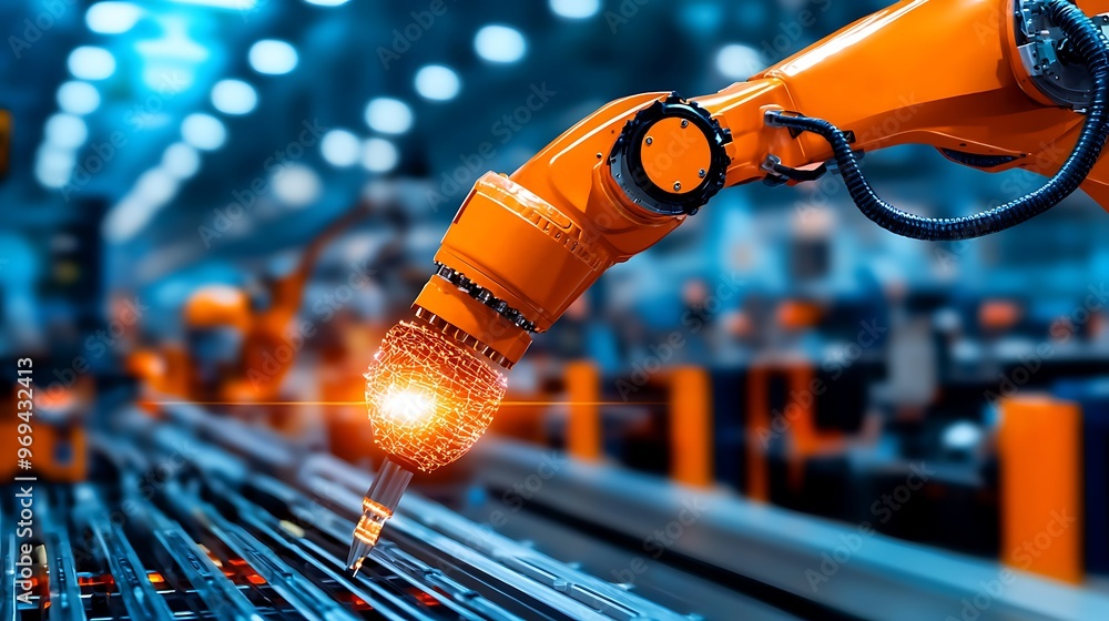 Poster a robotic arm works efficiently in a modern factory, showcasing cutting-edge technology.