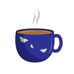 blue cup of tea with white buterflies