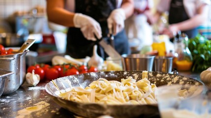 Obraz premium Freshly Made Pasta in a Busy Kitchen